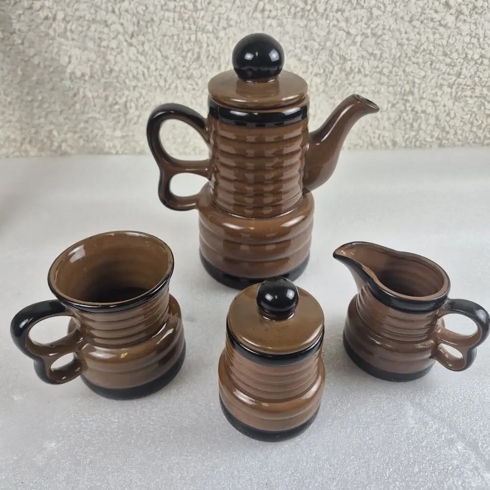 Vintage 1960s Japan Glazed Ribbed Ceramic Coffee Tea Set Pot Sugar Mug 6-Pc